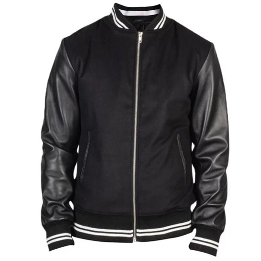 Men's Harrington Bomber Leather Varsity Style Jacket | Black