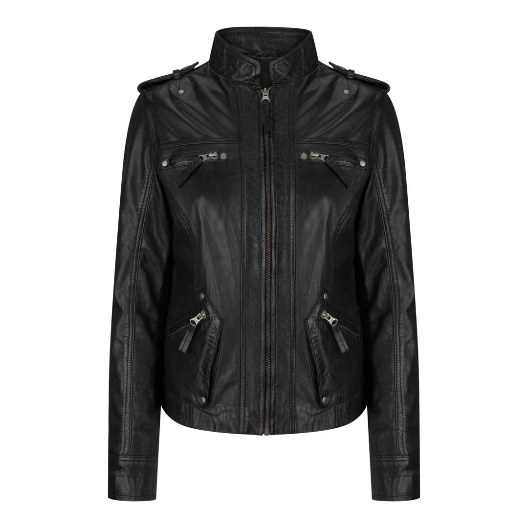 Women's Leather Motorcycle Jacket Multiple Zip Pockets Stand Collar | Black