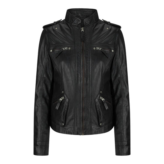 Women's Leather Motorcycle Jacket Multiple Zip Pockets Stand Collar | Black