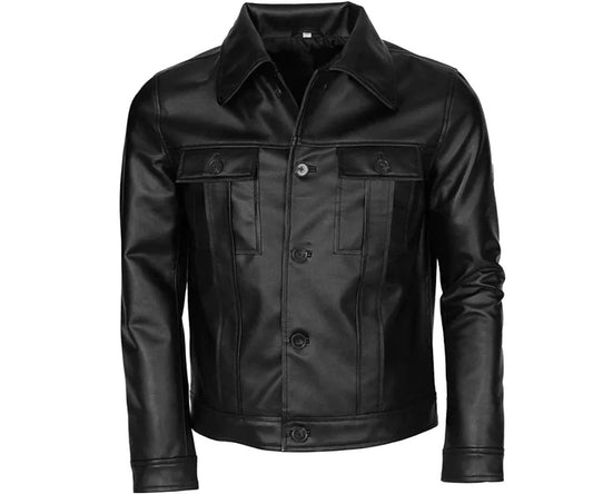 Men's Motorcycle Trucker Style Leather Jacket | Black