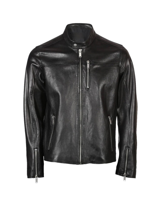 Men's Band Snap Tab Collar Biker Leather Jacket | Black