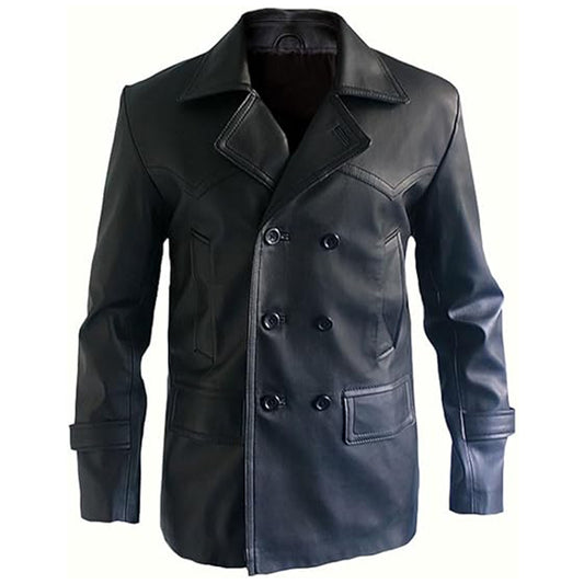 Men's Dr Who Christopher 9th Dr Cosplay Coat, Double Breasted, German Naval, Leather Jacket | Black