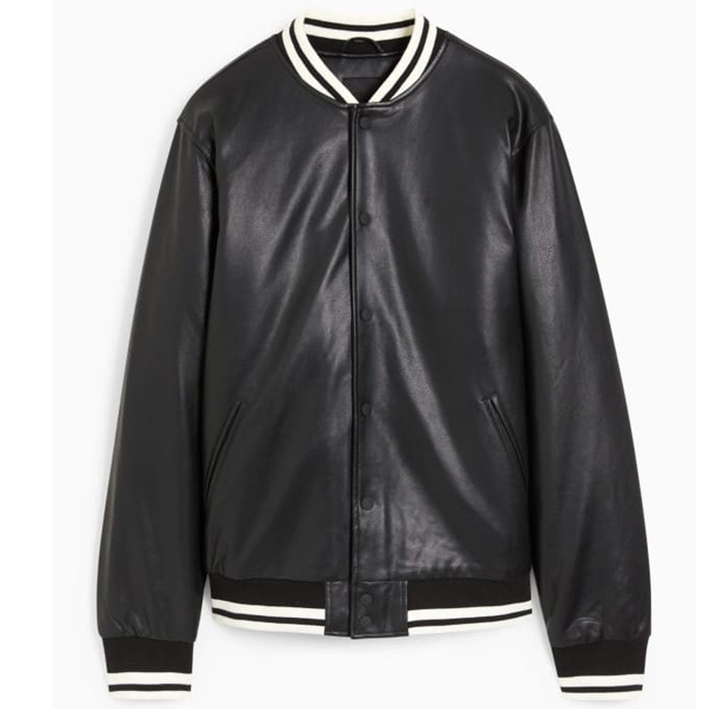 Men's Faux Leather Bomber Varsity Jacket, two side pockets, Black (Also Available in Real Leather) | Black The Stitch Fit