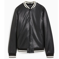 Men's Faux Leather Bomber Varsity Jacket, two side pockets, Black (Also Available in Real Leather) | Black The Stitch Fit