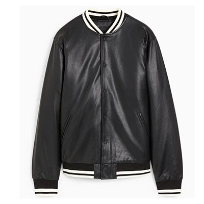 Men's Faux Leather Bomber Varsity Jacket, two side pockets, Black (Also Available in Real Leather) | Black