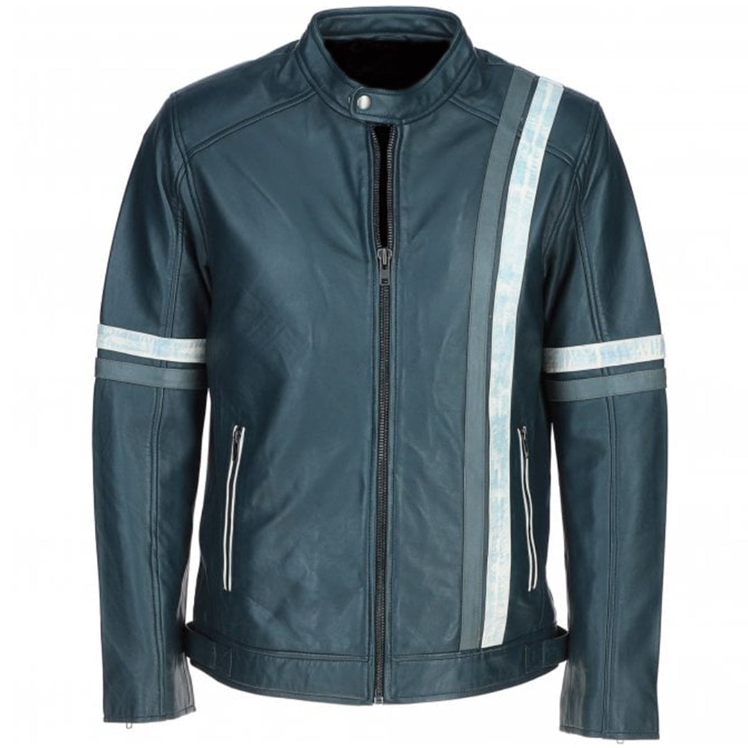 Men's Motorcycle Leather Jacket Gray & White Stripes | Blue & Black