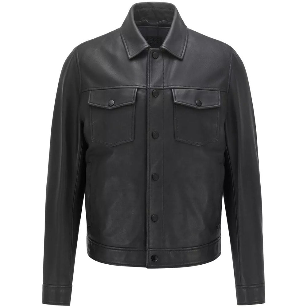 Men's Trucker Faux Leather Jacket, Button Closure, Two Pockets (Also Available in Real Leather) | Black