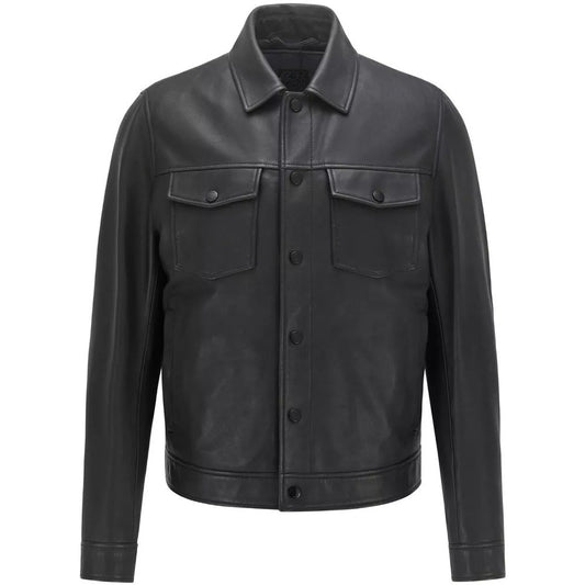 Men's Trucker Faux Leather Jacket, Button Closure, Two Pockets (Also Available in Real Leather) | Black