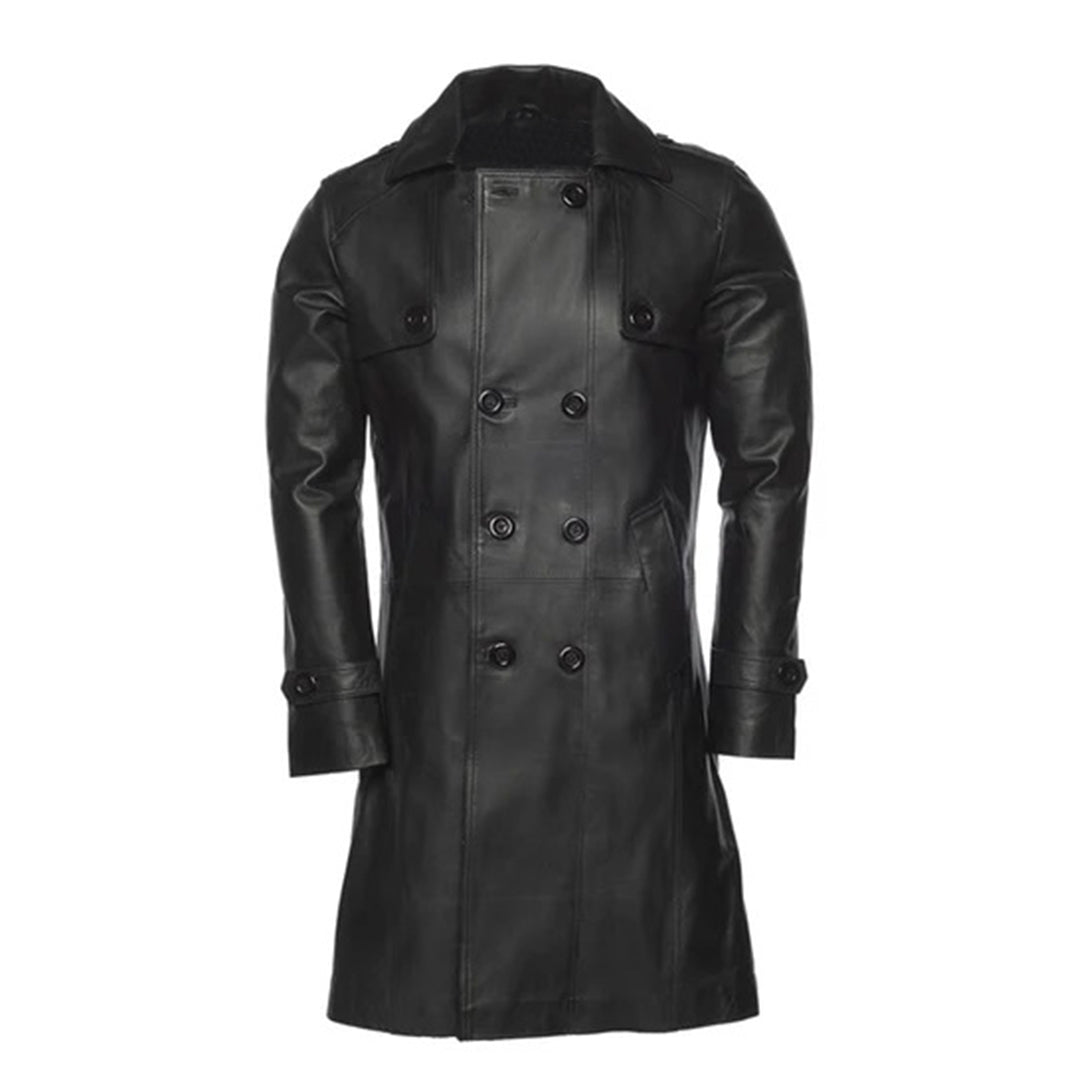 Mens Double Breasted Leather Trench Coat | Black