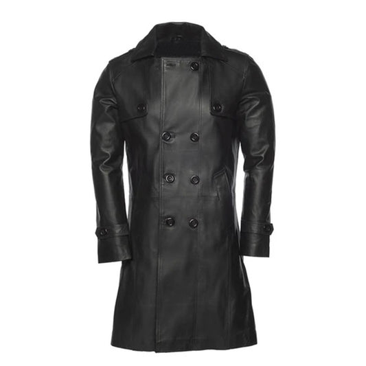Mens Double Breasted Leather Trench Coat | Black
