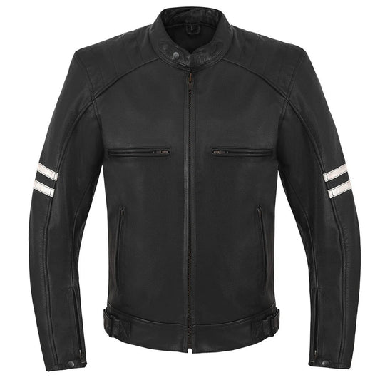 Men's Motor Cycle Leather Jacket with white Stripes Black Shoulders | Black