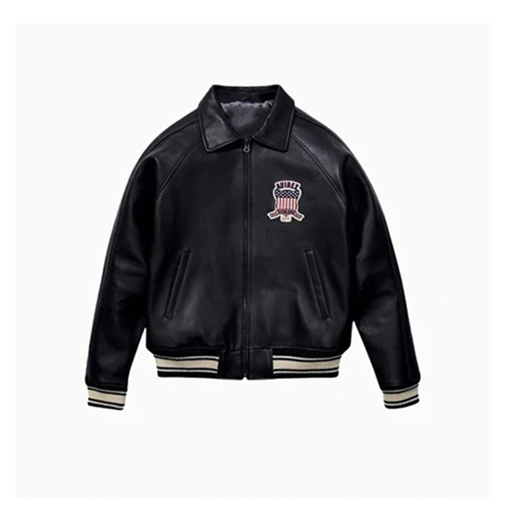 Men's Avirex Real Leather Jacket, Black Flight Bomber, American Varsity Style | Black
