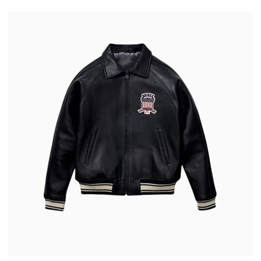 Men's Avirex Real Leather Jacket, Black Flight Bomber, American Varsity Style | Black