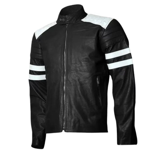 Men's Retro Cafe Racer Leather Jacket, Classic Fit, with White Stripes | Black