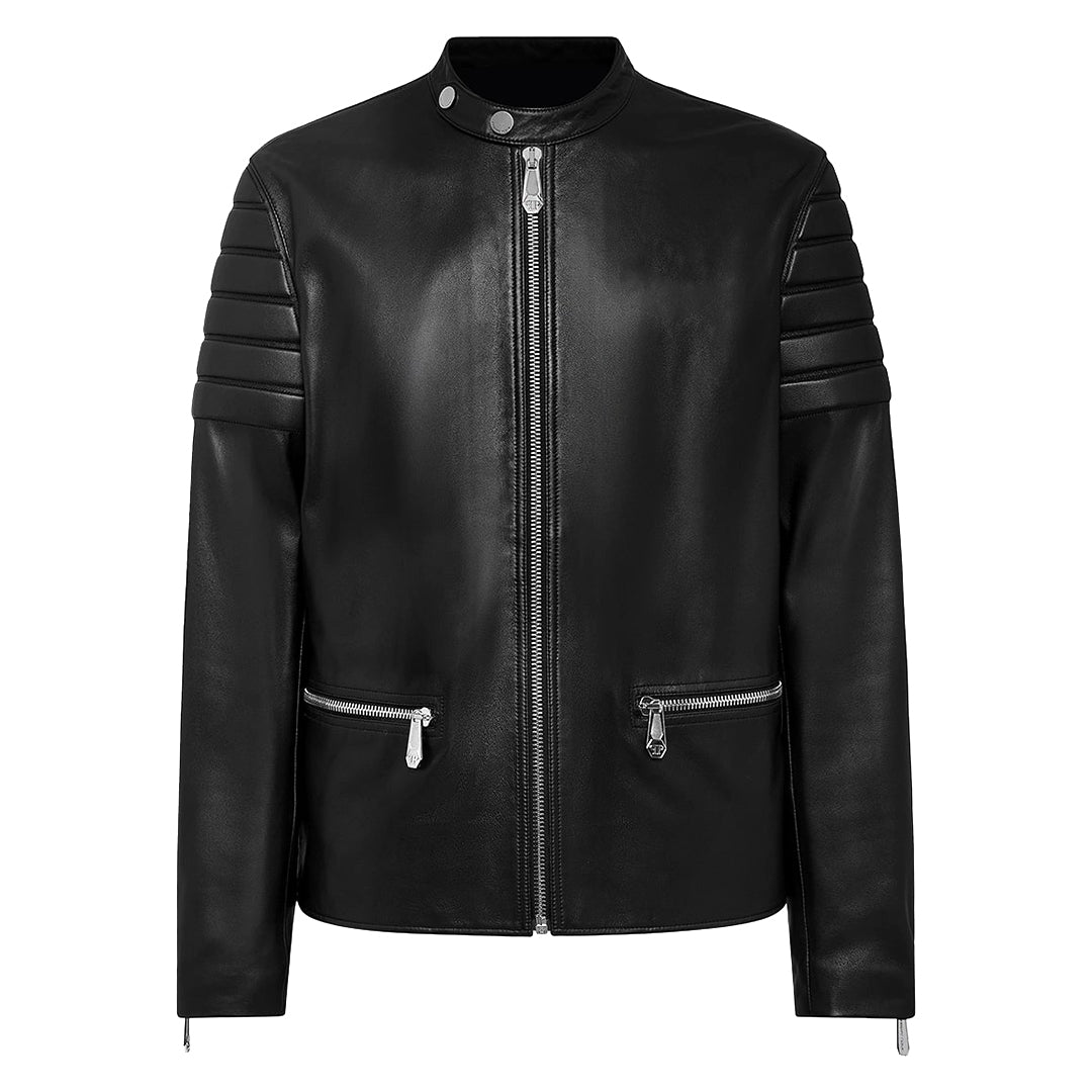 Men's Motorcycle Style Leather Jacket Quilted Sleeves Full Zip Front Multiple Pockets | Black