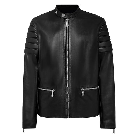 Men's Motorcycle Style Leather Jacket Quilted Sleeves Full Zip Front Multiple Pockets | Black