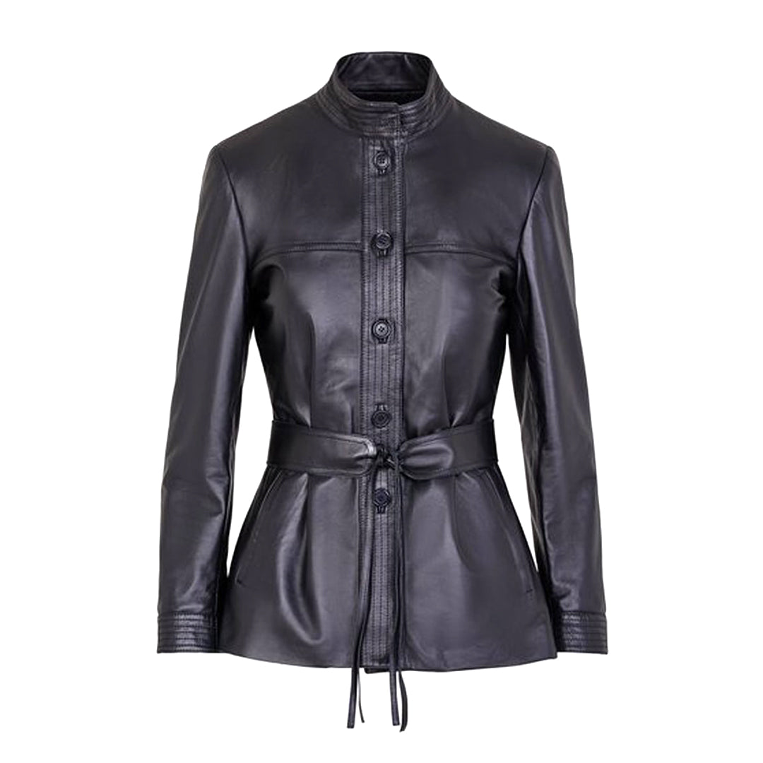 Women's Button Front Leather Jacket with Belt Stand Collar | Black