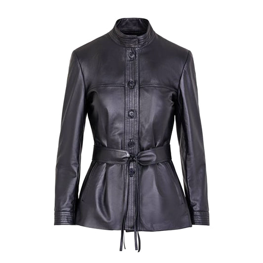 Women's Button Front Leather Jacket with Belt Stand Collar | Black