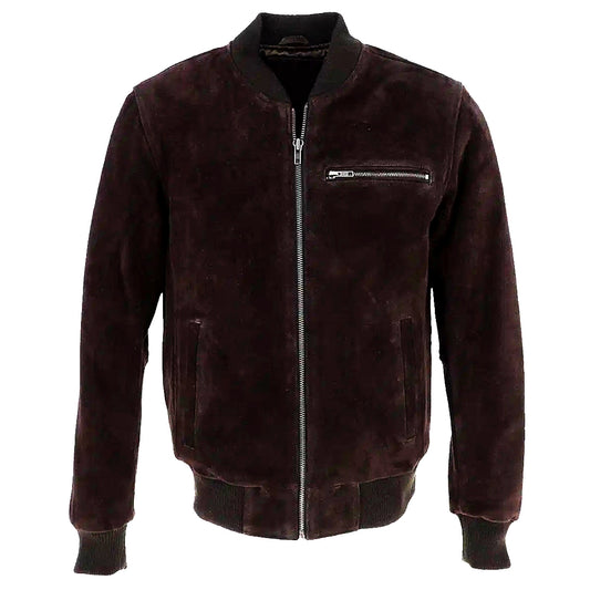 Men's Suede Bomber Jacket  Leather, Full Zip Front with Chest Pocket | Brown