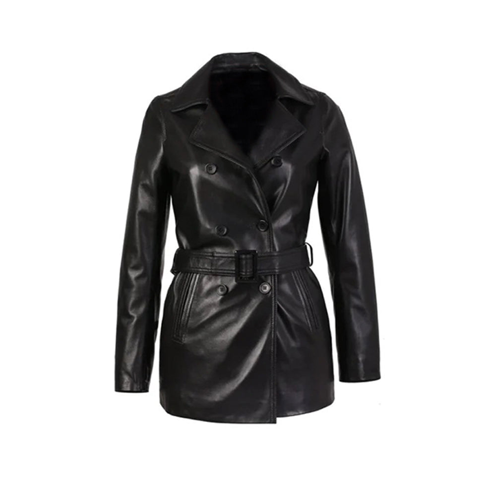 Women's Double-Breasted Leather Trench Coat, Belted Waist | Black