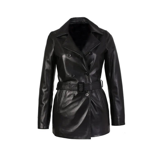 Women's Double-Breasted Leather Trench Coat, Belted Waist | Black