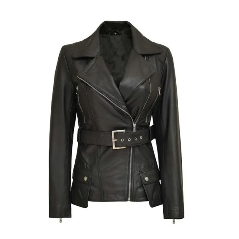Women's Café Racer Leather Jacket, Belted Waist, Black, Asymmetrical Zip | Black