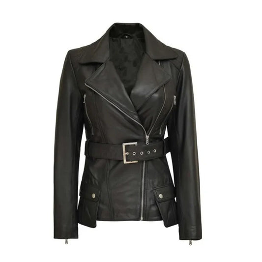 Women's Café Racer Leather Jacket, Belted Waist, Black, Asymmetrical Zip | Black