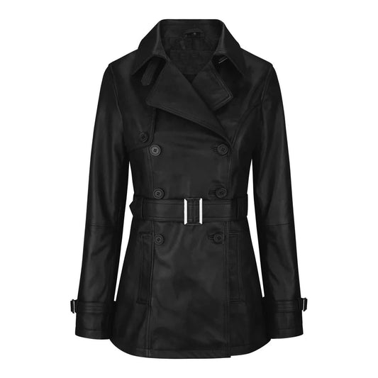 Women's Leather Belted Trench Car Coat | Black