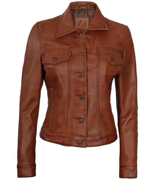 Women's Leather Harrington Moto Trucker Jacket | Brown
