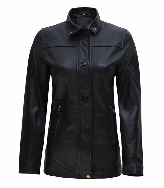 Women's 3/4 Length Button + Zipper Closure Leather Coat | Black