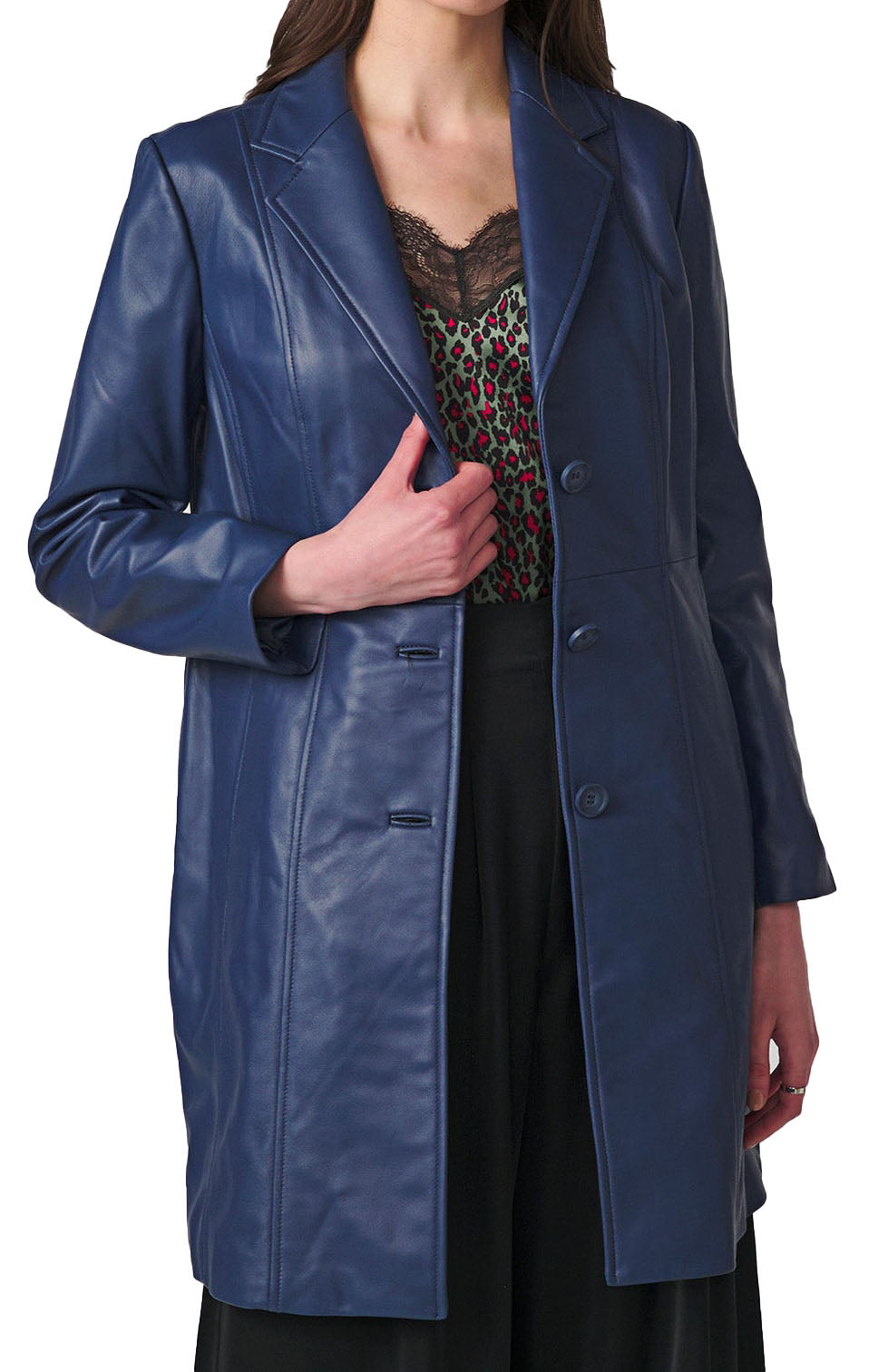 Women's Real Long Leather Trench Coat | Blue