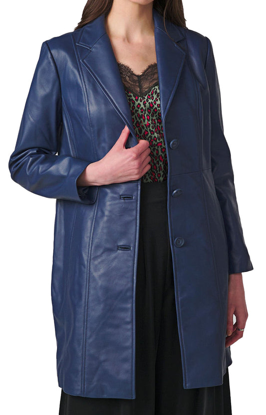 Women's Real Long Leather Trench Coat | Blue