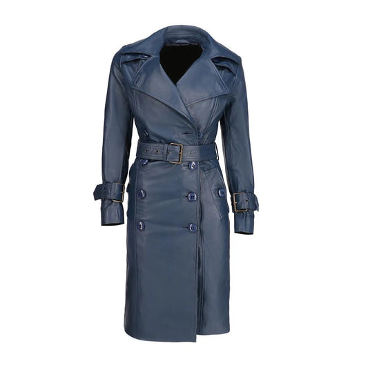 Womens Double Breasted Leather Trench Coat | Blue