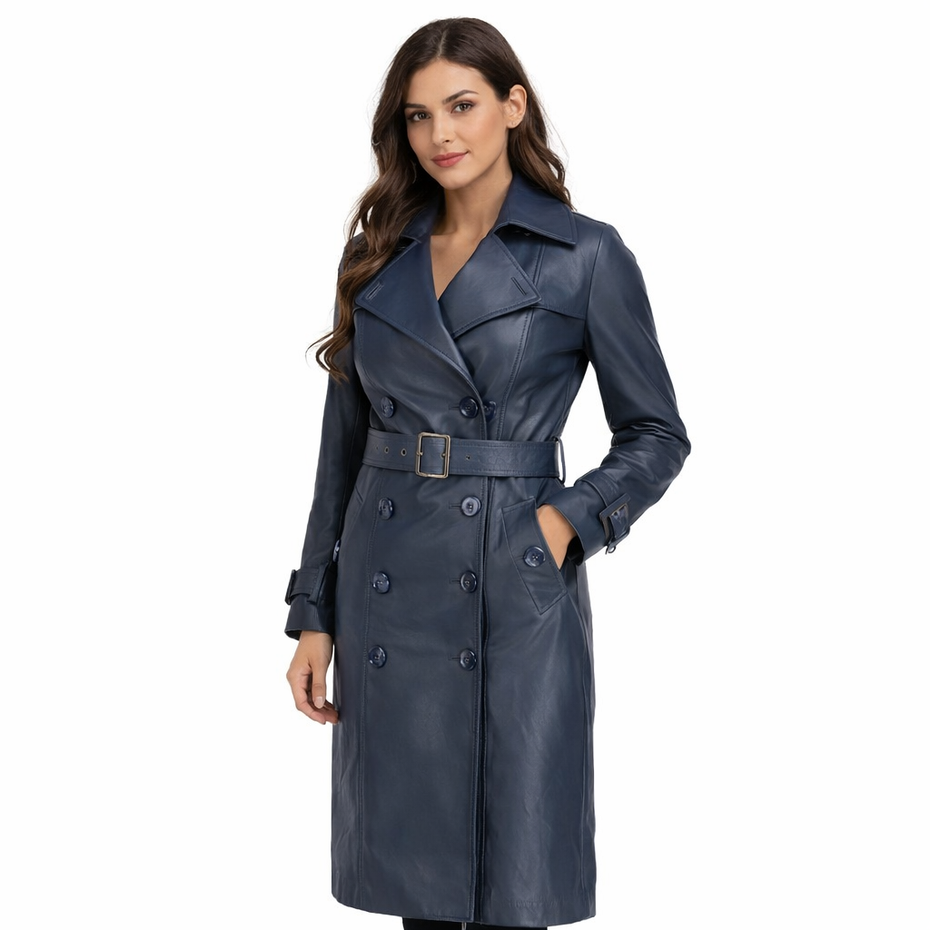 Womens Double Breasted Leather Trench Coat | Blue