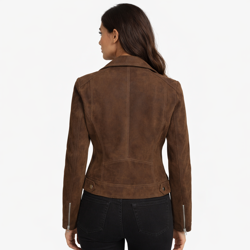 Women's Moto Biker Jacket Suede Leather, Asymmetrical Zip Front | Brown