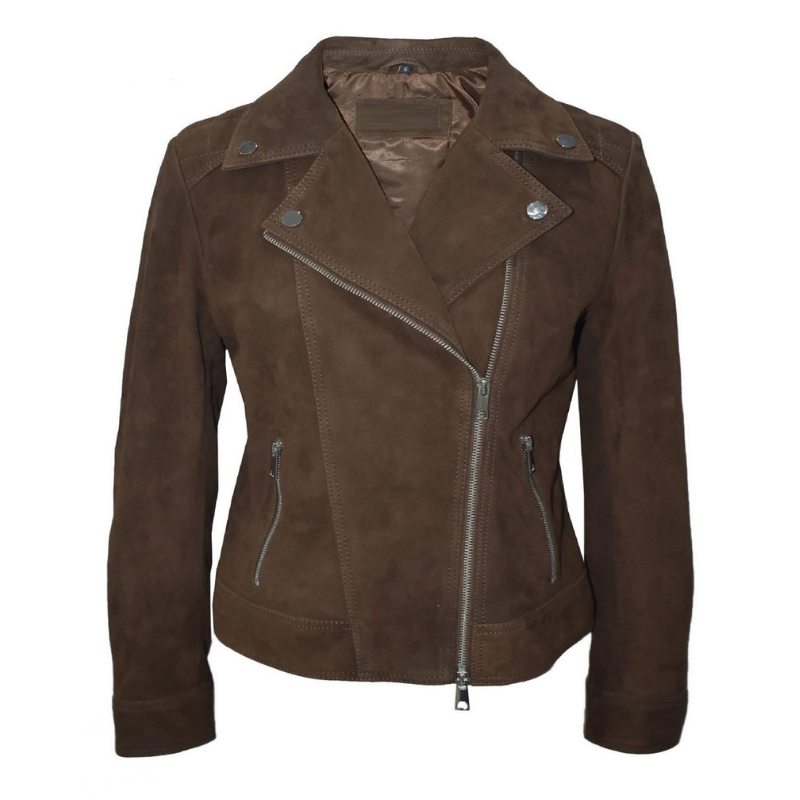 Women's Moto Biker Jacket Suede Leather, Asymmetrical Zip Front | Brown The Stitch Fit