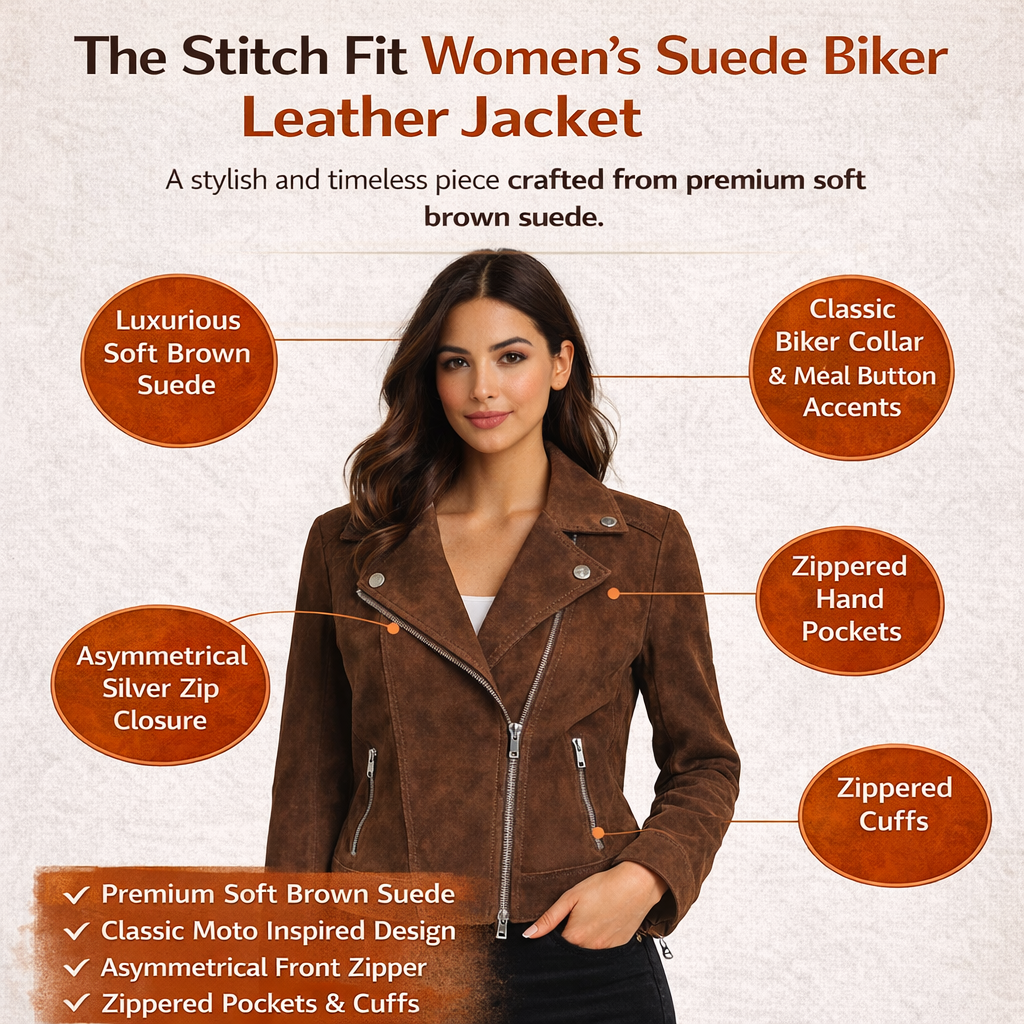 Women's Moto Biker Jacket Suede Leather, Asymmetrical Zip Front | Brown