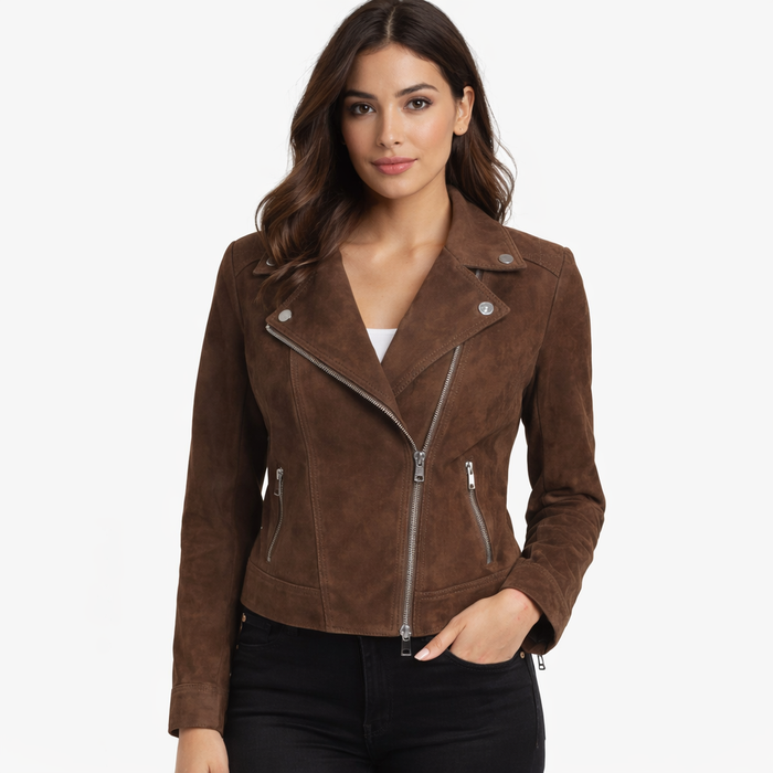Women's Moto Biker Jacket Suede Leather, Asymmetrical Zip Front | Brown