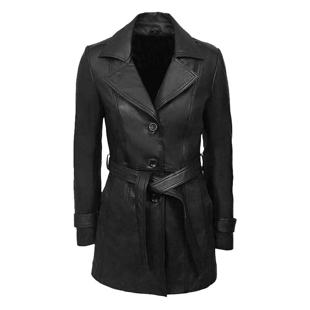 Women's 3/4 Length Leather Coat | Black