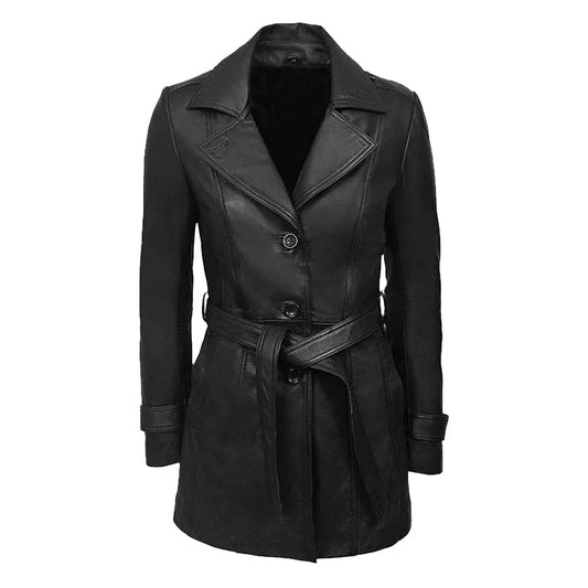 Women's 3/4 Length Leather Coat | Black