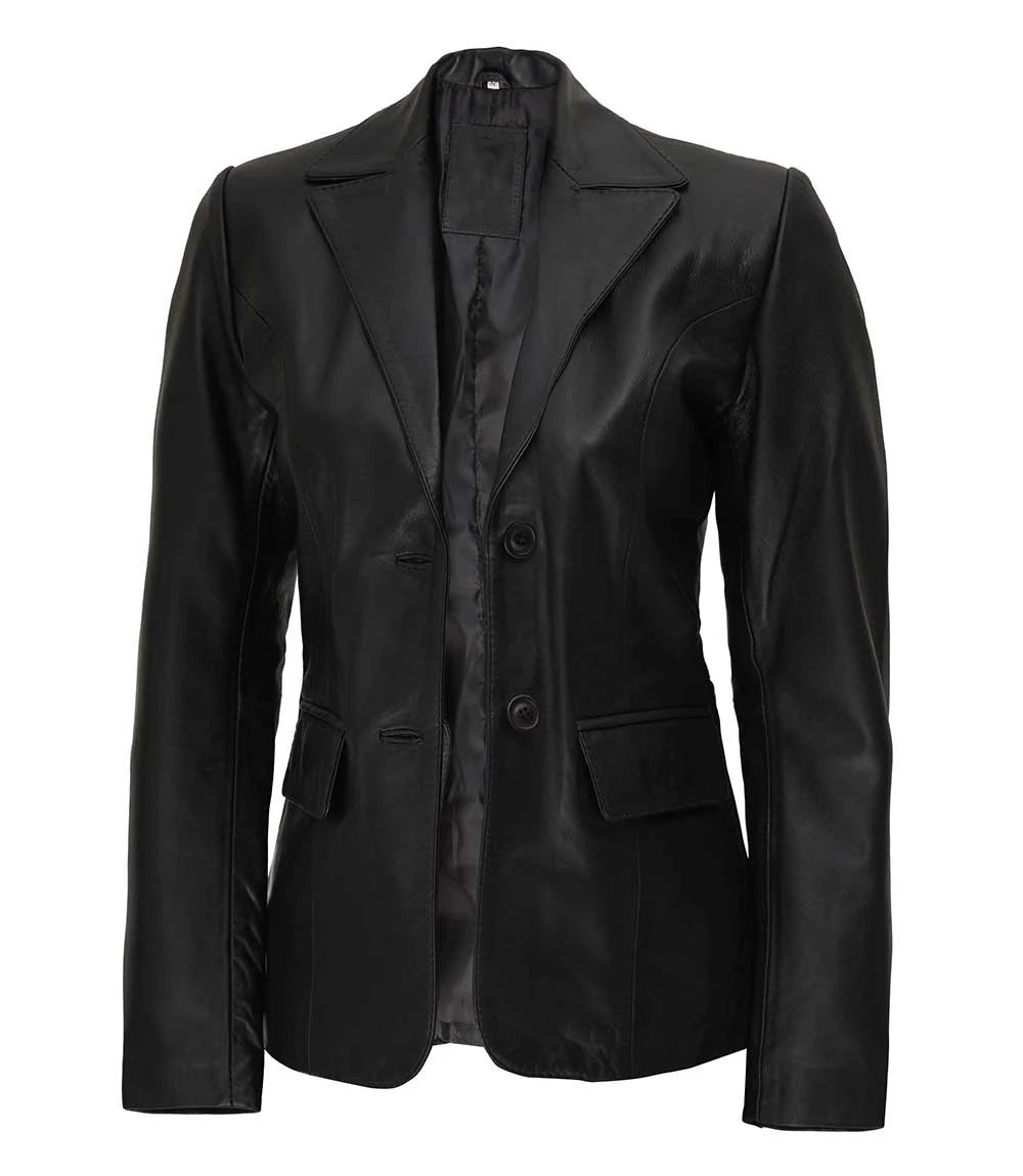 Women's Two Button Black Lambskin Leather Blazer Jacket | Black