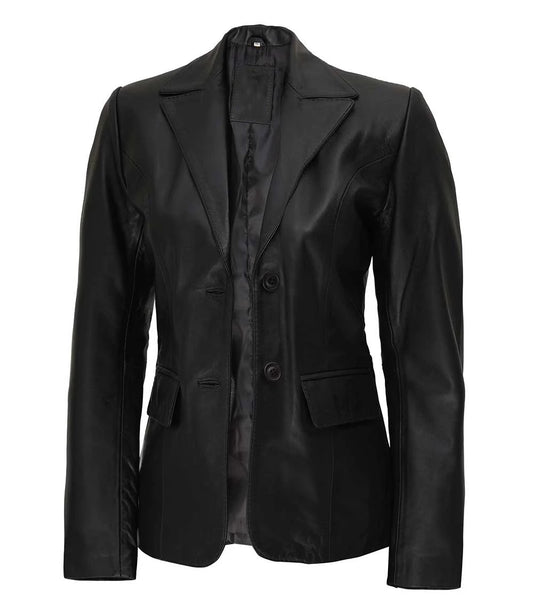 Women's Two Button Black Lambskin Leather Blazer Jacket | Black