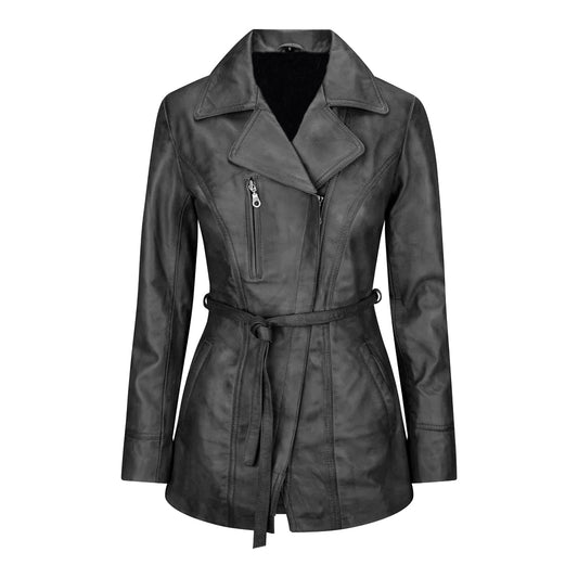 Women's Belted Leather Jacket, Long Sleeve, Zip Front | Black