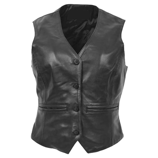 Women's Sheepskin Leather V Neck Vest, 4-Button Closure, Back Adjuster Strap | Black