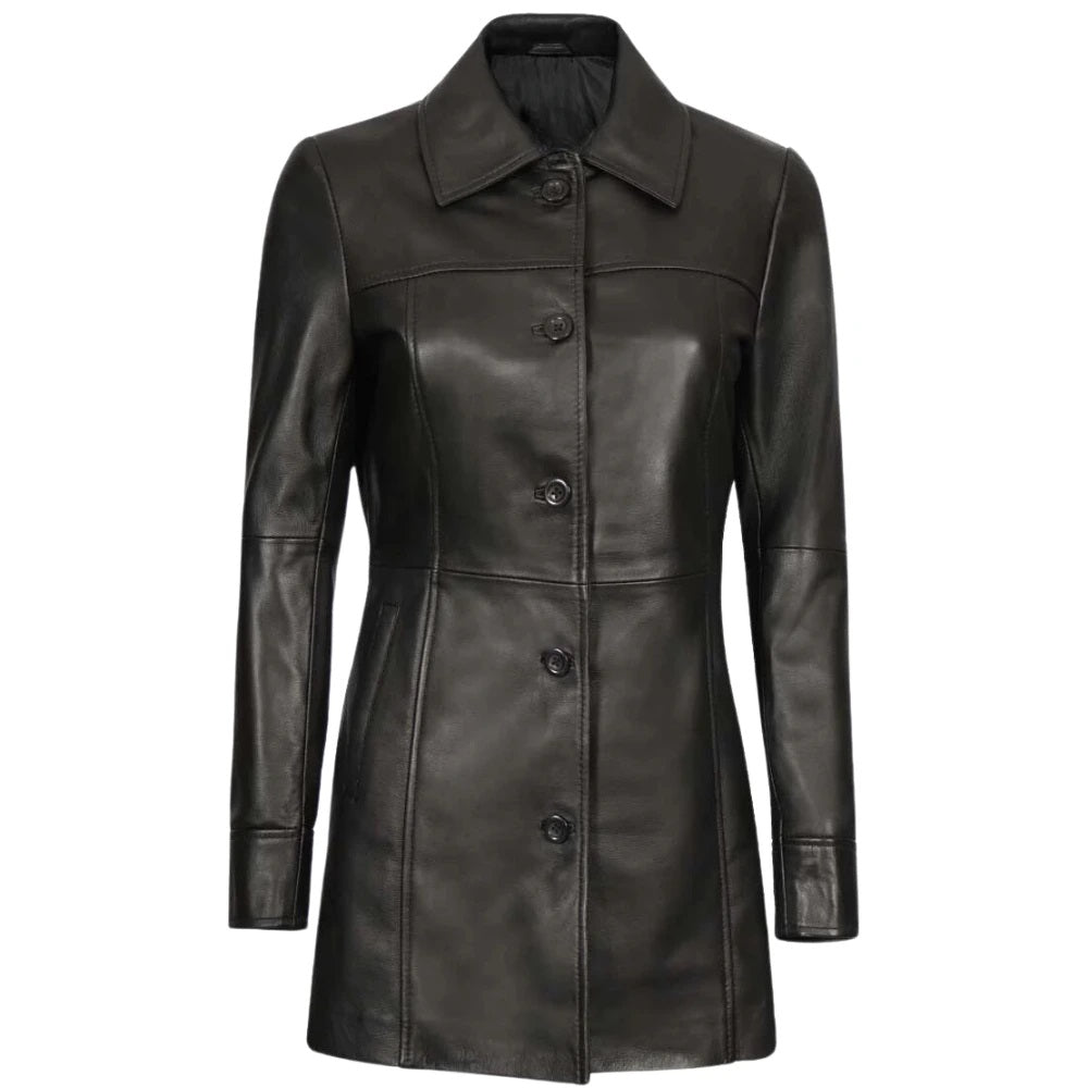 Women's Genuine Lambskin Leather Coat, 3/4 Length | Black