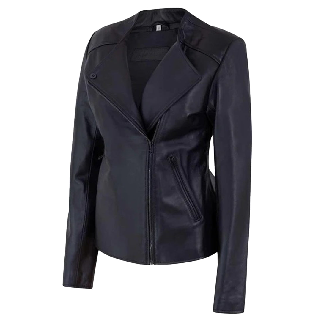 Women's Motorcycle Jacket Zip Front with Lapel Collar | Black