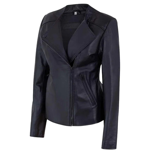 Women's Motorcycle Jacket Zip Front with Lapel Collar | Black