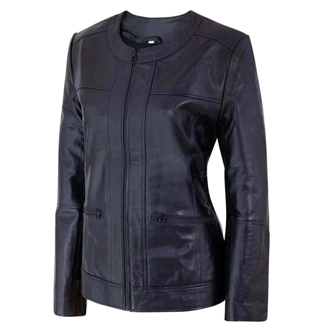 Women's Café Racer Zip-Front Leather Jacket, Collarless Design | Black