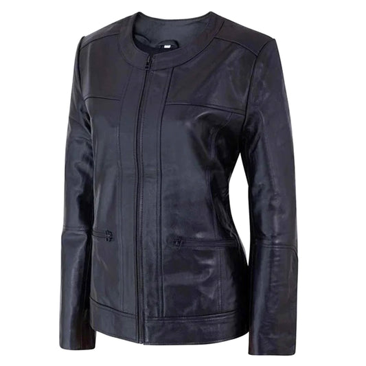 Women's Café Racer Zip-Front Leather Jacket, Collarless Design | Black