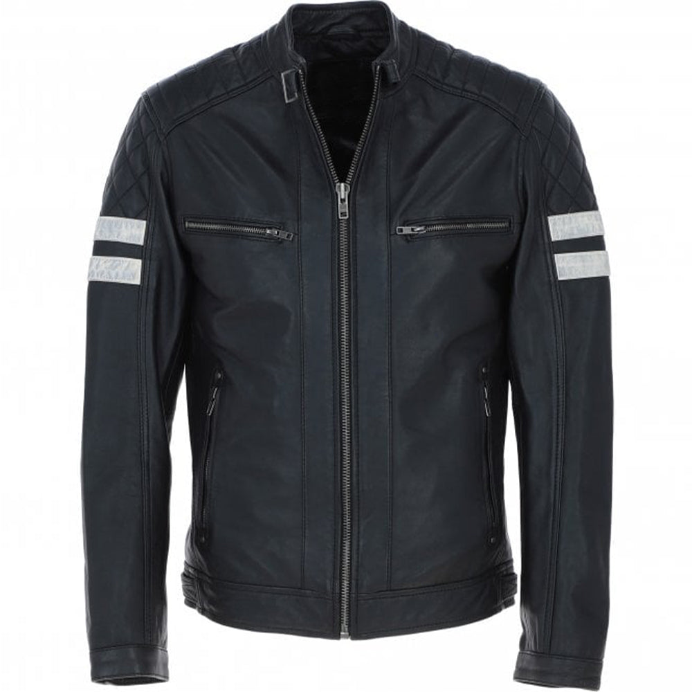Men's Motorcycle Leather Jacket  Quilted Shoulders, Full Zip | Black & Blue